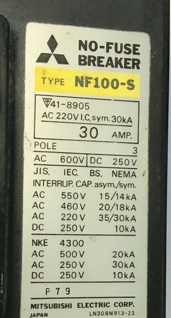 MITSUBISHI NF 100-S CIRCUIT BREAKER 30AMP 600VAC/250VDC 3POLE