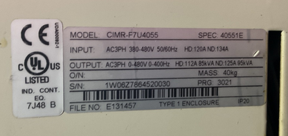 YASKAWA CIMR-F7U4055 AC DRIVE OUTPUT 3PH 0-480VAC HD 112A 85kVA ND 125A 95kVA IN