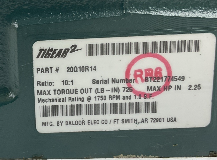 DODGE 20Q10R14 TIGEAR-2 GEAR REDUCER RATIO 10:1 1750RPM 2.25HP *HAS SHELF WEAR*