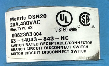 MELTRIC DSN20 20A 480VAC TYPE 4X 63-14043-843-NC RECEPTACLE/CONNECTOR