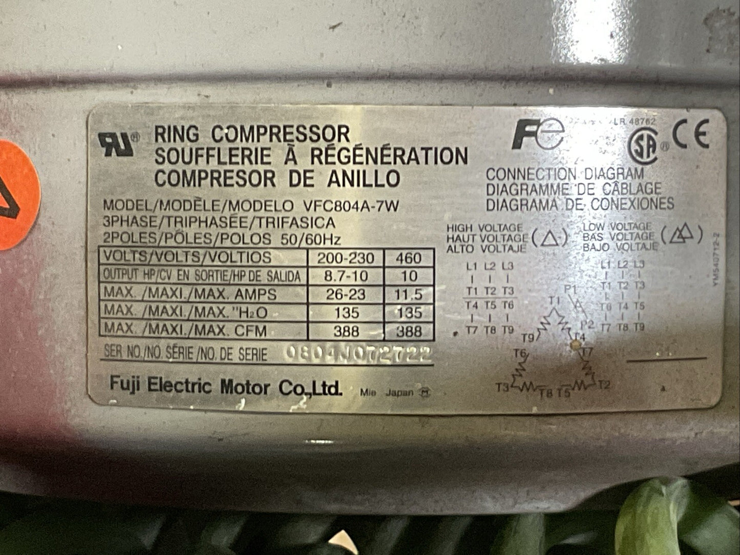 FUJI ELECTRIC VFC804A-7W RING COMPRESSOR 3PH 2POLE 50/60HZ 460V 10HP