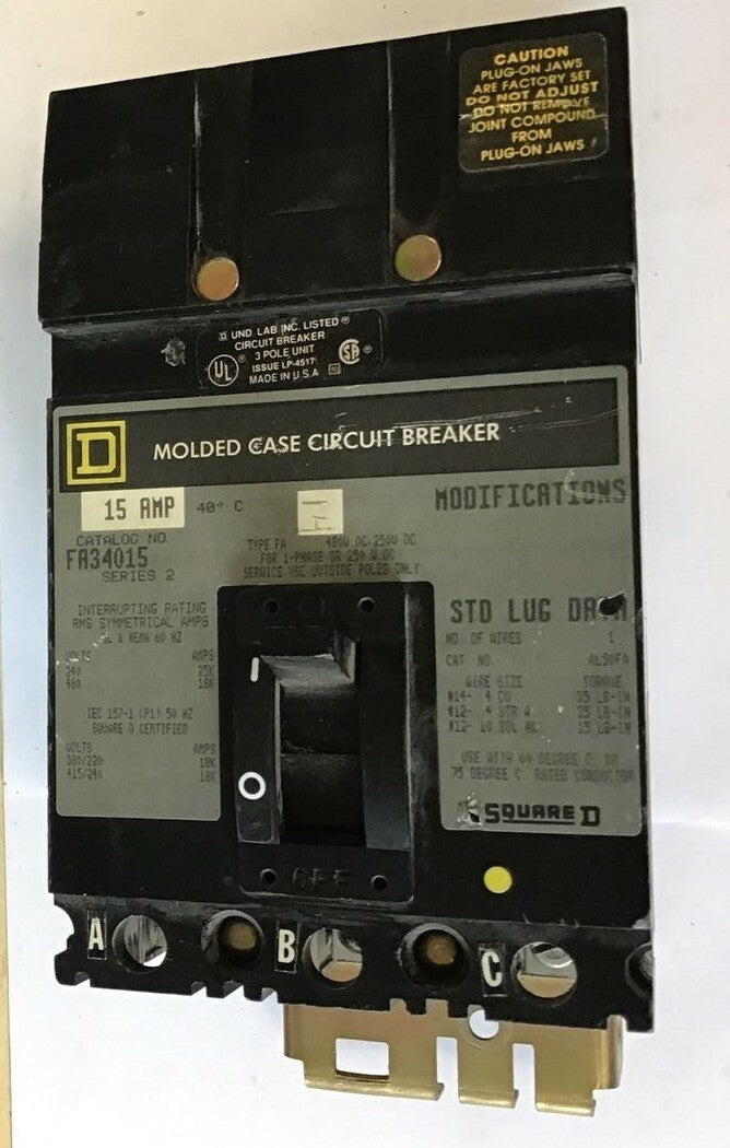 SQUARE D FA34015 CIRCUIT BREAKER 15A 480VAC 250VDC SER.2