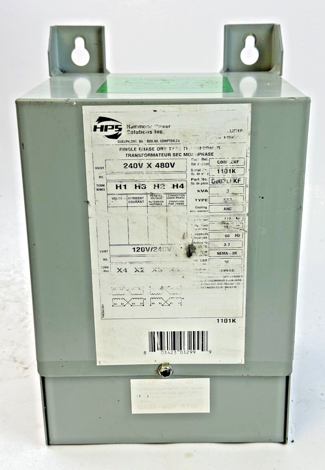 HPS HAMMOND POWER SOLUTIONS - Q003LEKF - SINGLE PHASE DRY TYPE TRANSFORMER