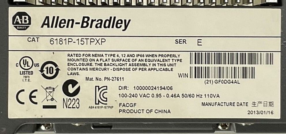 ALLEN BRADLEY 6181P-15TPXP SER E DIR 10000024194/06 1500P OPERATOR PANEL TOUCH