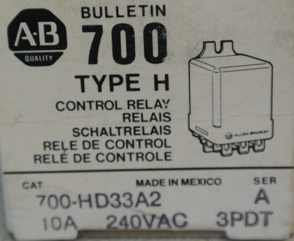 ALLEN-BRADLEY 700-HD33A2 Ser. A / TYPE H CONTROL RELAY / 10A / 3PDT NEW SURPLUS