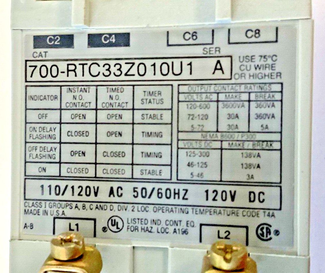 ALLEN BRADLEY 700-RTC33Z010U1 FIXED TIME RELAY 1SEC SER.A 120VAC/VDC