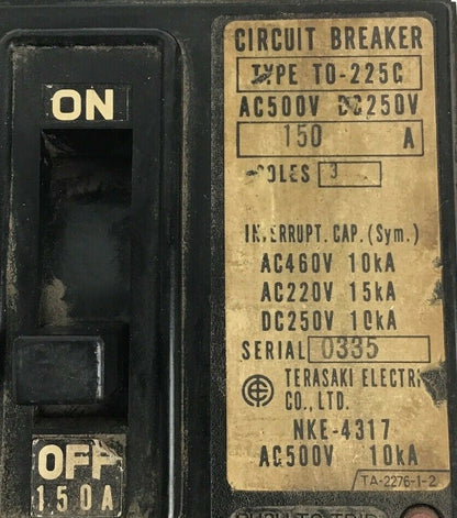 TERASAKI ELECRIC T0-225C (TO-225C) 150A CIRCUIT BREAKER 500VAC/250VDC  3POLE