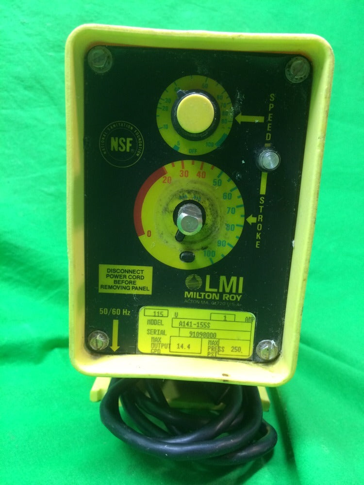 LMI MILTON ROY A141-155S METERING PUMP, MAX GPD 14.4 MAX PSI 250, A141155S, USED