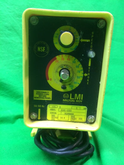 LMI MILTON ROY A141-155S METERING PUMP, MAX GPD 14.4 MAX PSI 250, A141155S, USED