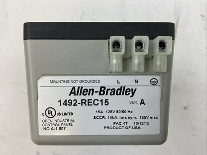 ALLEN BRADLEY 1492-REC15 SER A 15A 125V 50/60HZ DUPLEX RECEPTACLE DIN MOUNT