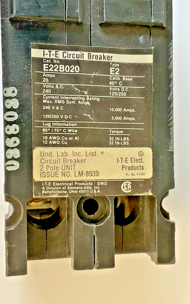 SIEMENS E22B020 CIRCUIT BREAKER FRAME E2 240VAC 2POLE 20AMP