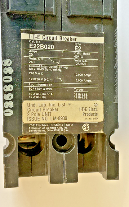SIEMENS E22B020 CIRCUIT BREAKER FRAME E2 240VAC 2POLE 20AMP