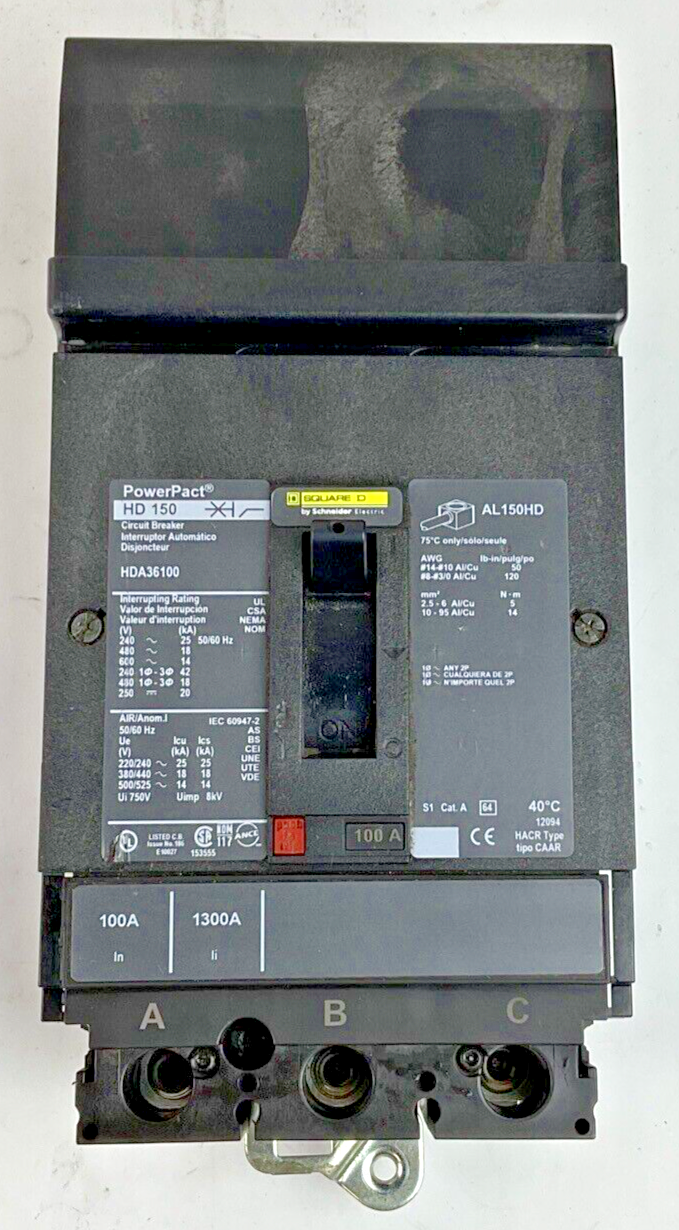 SQUARE D HDA36100 POWERPACT CIRCUIT BREAKER 3POLE 100A CAT.A HD 150 600VAC