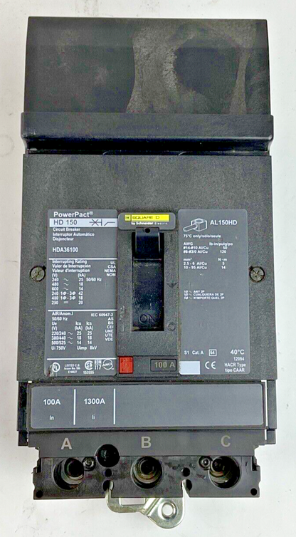 SQUARE D HDA36100 POWERPACT CIRCUIT BREAKER 3POLE 100A CAT.A HD 150 600VAC