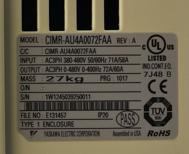 YASKAWA CIMR-AU4A0072FAA REV A AC DRIVE OUTPUT 3PH 0-480V 72A INPUT 380-480V 71A
