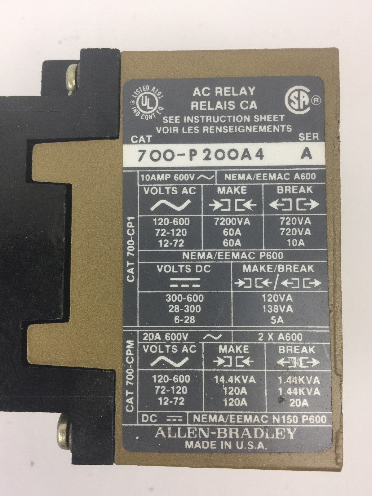 ALLEN BRADLEY 700-P200A4 AC RELAY SER A 460-480V 60HZ COIL
