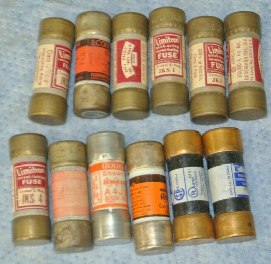 MIXED LOT of 12 / CLASS J CURRENT-LIMITING FUSES / 1A, 4A, 5A, 6A, 15A, 20A 600V