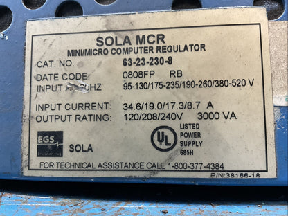 SOLA 63-23-230-8 MINI/MICRO COMPUTER REGULATOR OUTPUT 120/208/240V 3000VA