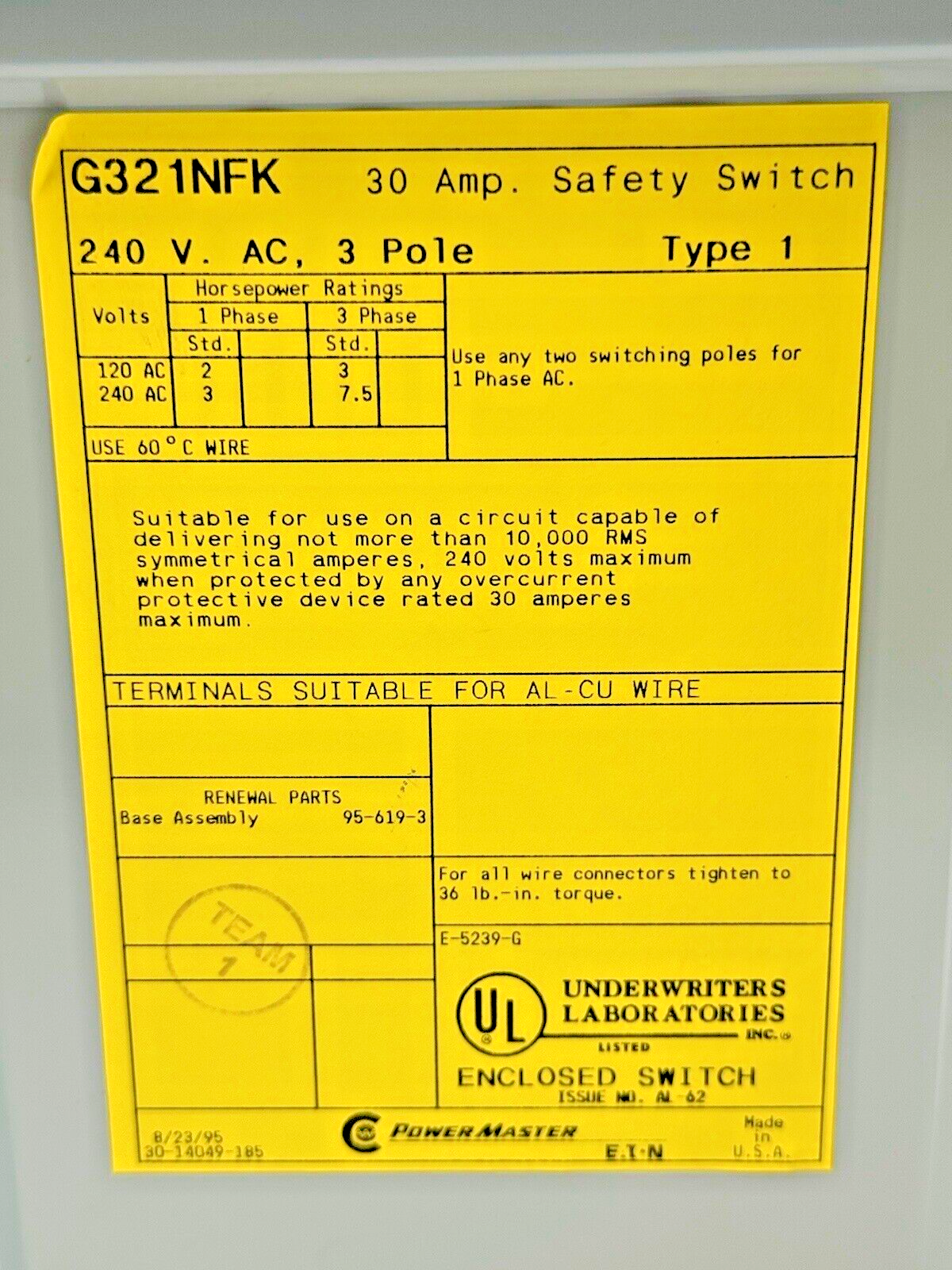 EATON - G321NFK - POWER MASTER SAFETY SWITCH - 30A/ 240VAC/ 3 POLE/ TYPE 1
