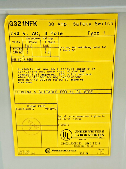 EATON - G321NFK - POWER MASTER SAFETY SWITCH - 30A/ 240VAC/ 3 POLE/ TYPE 1