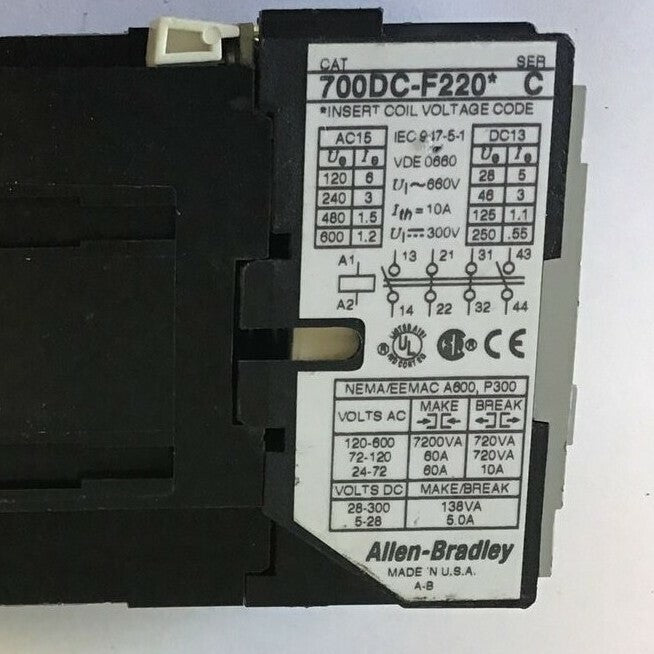 ALLEN BRADLEY 700DC-F220* CONTACTOR SER.C 600VAC 10A