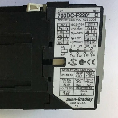 ALLEN BRADLEY 700DC-F220* CONTACTOR SER.C 600VAC 10A
