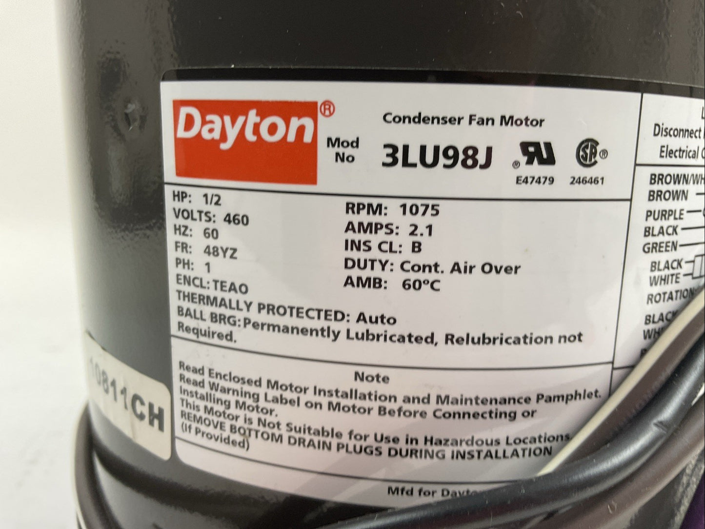 DAYTON 3LU98J CONDENSER FAN MOTOR 1/2HP 460V 1075RPM 2.1AMP 60HZ 1PH