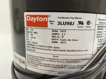 DAYTON 3LU98J CONDENSER FAN MOTOR 1/2HP 460V 1075RPM 2.1AMP 60HZ 1PH