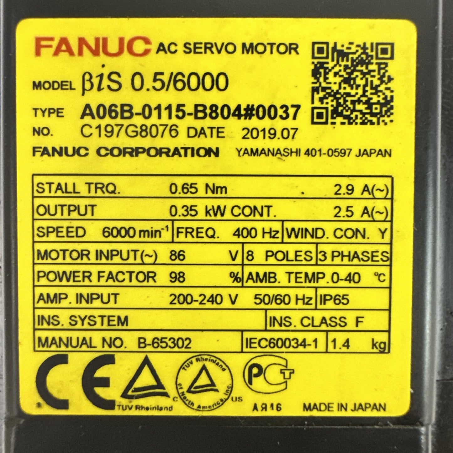 FANUC A06B-0115-B804#0037 AC SERVO MOTOR OUTPUT 0.35kW