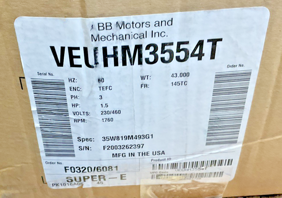 BALDOR VEUHM3554T INDUSTRIAL MOTOR 1.5HP 60HZ 3PH 230/460V 1760RPM
