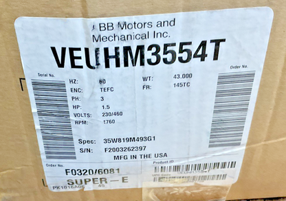 BALDOR VEUHM3554T INDUSTRIAL MOTOR 1.5HP 60HZ 3PH 230/460V 1760RPM