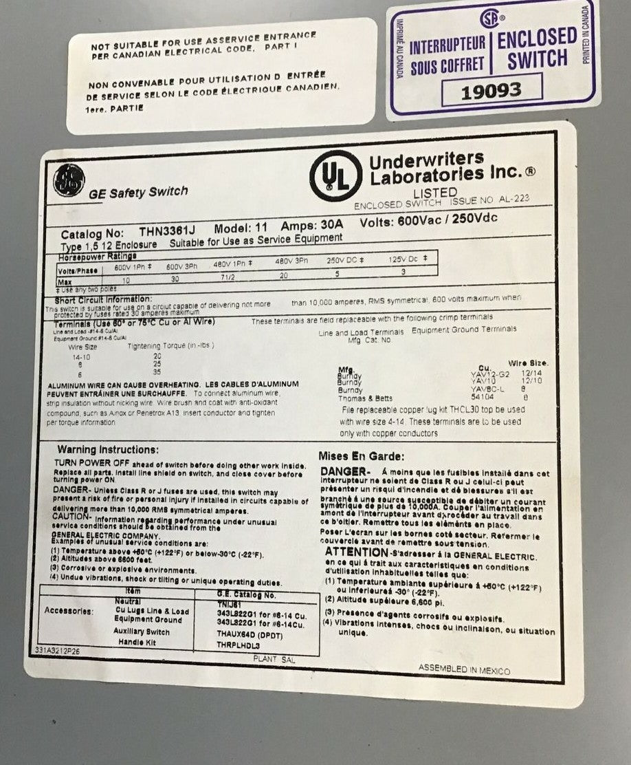 GENERAL ELECTRIC THN3361J SAFTEY SWITCH NON FUSIBLE 30A MODEL 11 600VAC/250VDC