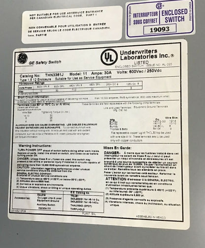 GENERAL ELECTRIC THN3361J SAFTEY SWITCH NON FUSIBLE 30A MODEL 11 600VAC/250VDC