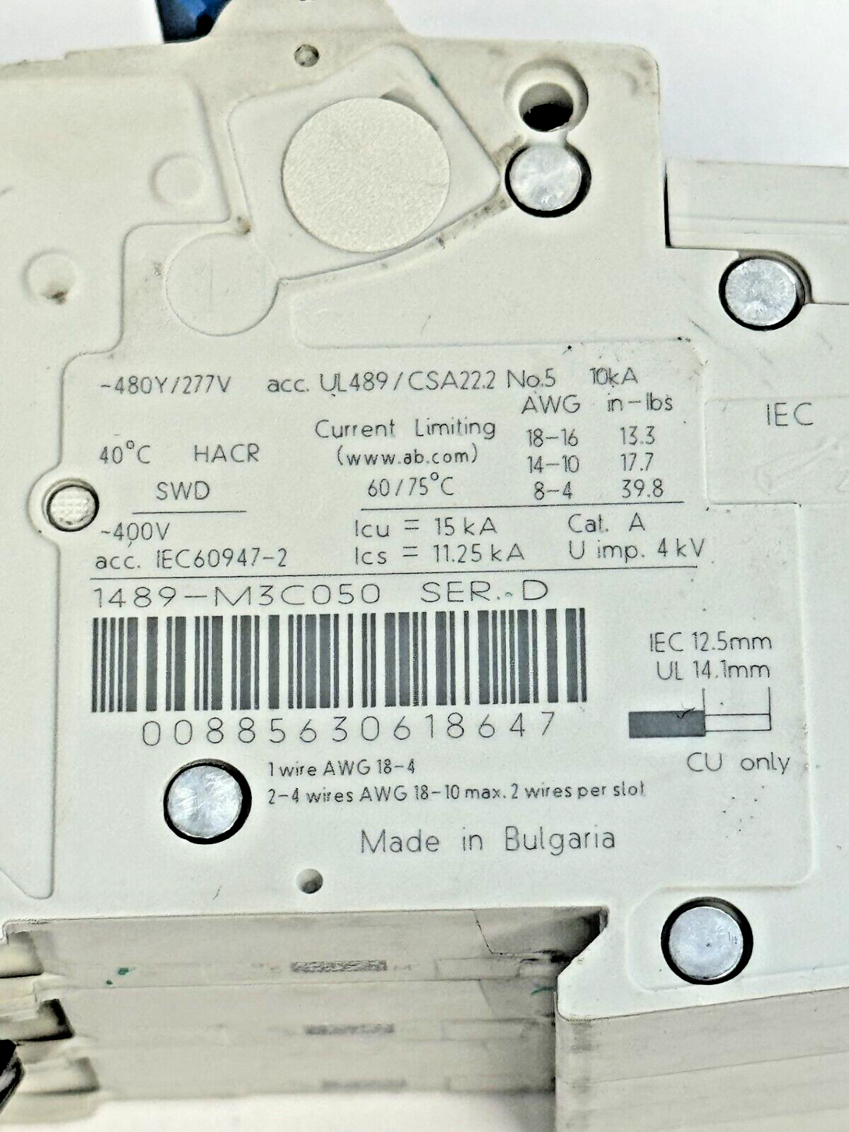 ALLEN-BRADLEY - 1489-M3C050 SER. D - BREAKER - 3P, 5 A, 277 V, 3 HP, 1 PH