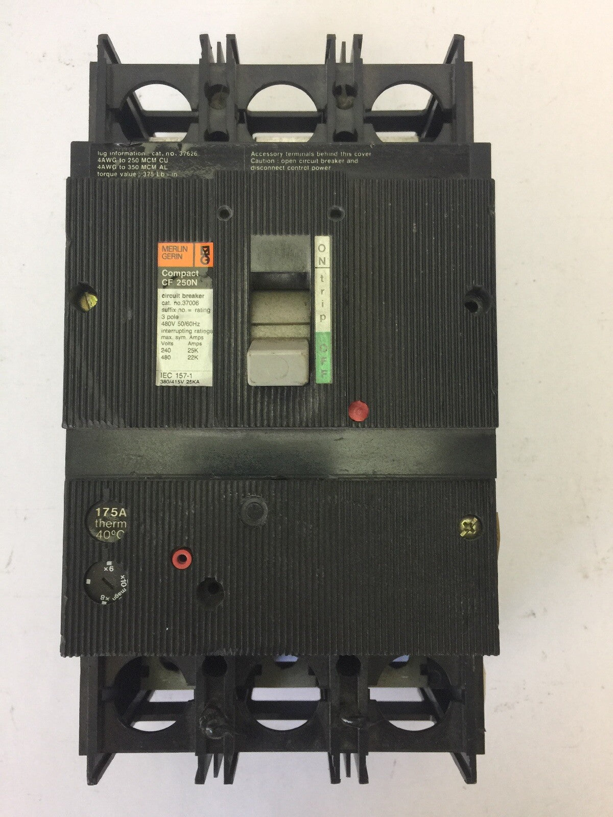 MERLIN GERIN 37006 CIRCUIT BREAKER COMPACT CF250N 480V 60HZ 3 POLE 175A NO TRIP