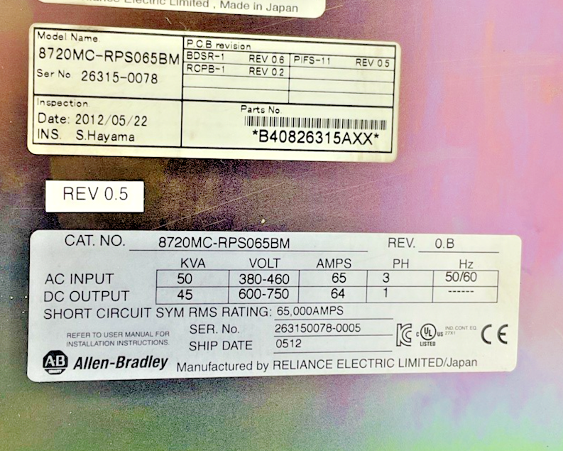 ALLEN BRADLEY 8720-RPS065BM POWER SUPPLY  REV.0.5 | REV.0.B 50KVA