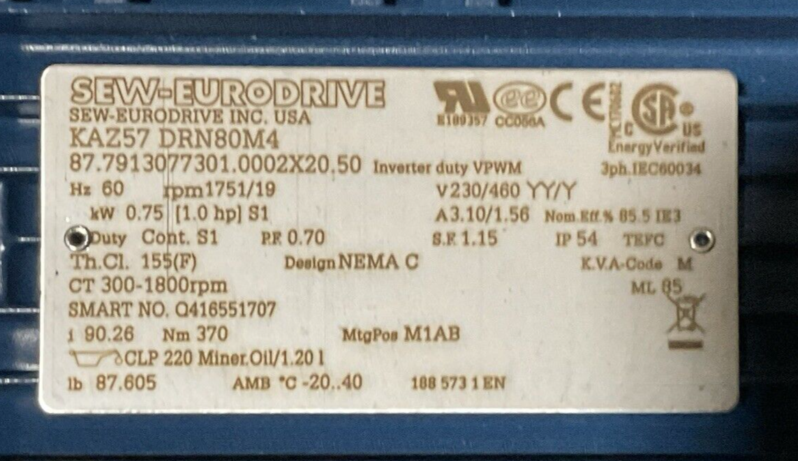 SEW-EURODRIVE KAZ57 DRN80M4 GEAR MOTOR HZ 60 rpm 1751/19 V230/460 YY/Y