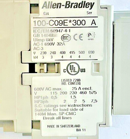 ALLEN BRADLEY 100-C09E*300 CONTACTOR 24VDC SER.A / 100-F COIL SER.B