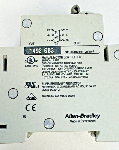 ALLEN-BRADLEY - 1492-CB3-H100 SER. C - MOTOR CONT. - 3 P, 10 A, 277 V, 5HP, 3PH