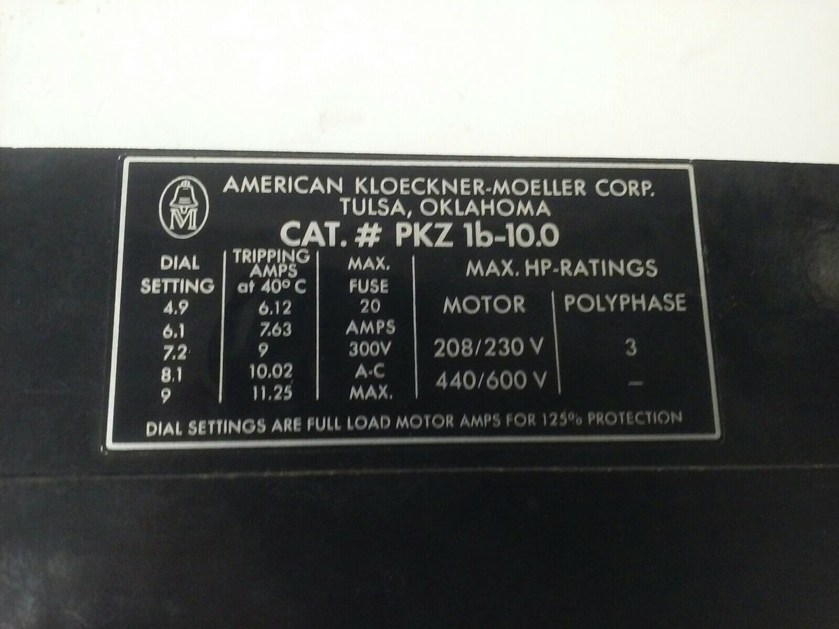 AMERICAN KLOECKNER MOELLER PKZ 1b-10.0 START STOP PUSH BUTTON SWITCH PKZ1B-10.0