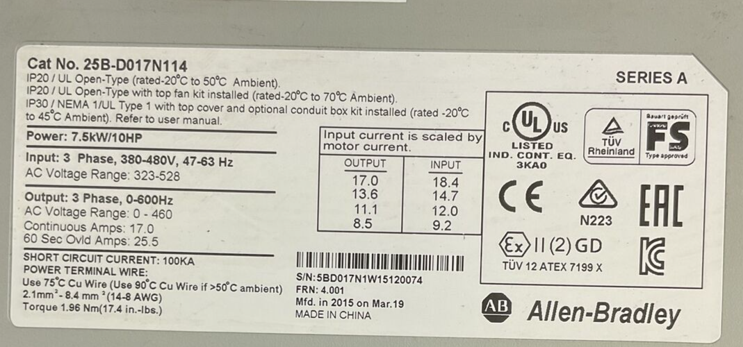 ALLEN BRADLEY 25B-D017N114 AC DRIVE FRN 4.001 OUTPUT 0-460VAC SER A POWERFLEX