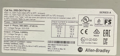 ALLEN BRADLEY 25B-D017N114 AC DRIVE FRN 4.001 OUTPUT 0-460VAC SER A POWERFLEX