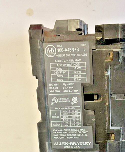 ALLEN BRADLEY 100-A45N*3 CONTACTOR SER.C 45A W/ 195GA10 AUX SER.A