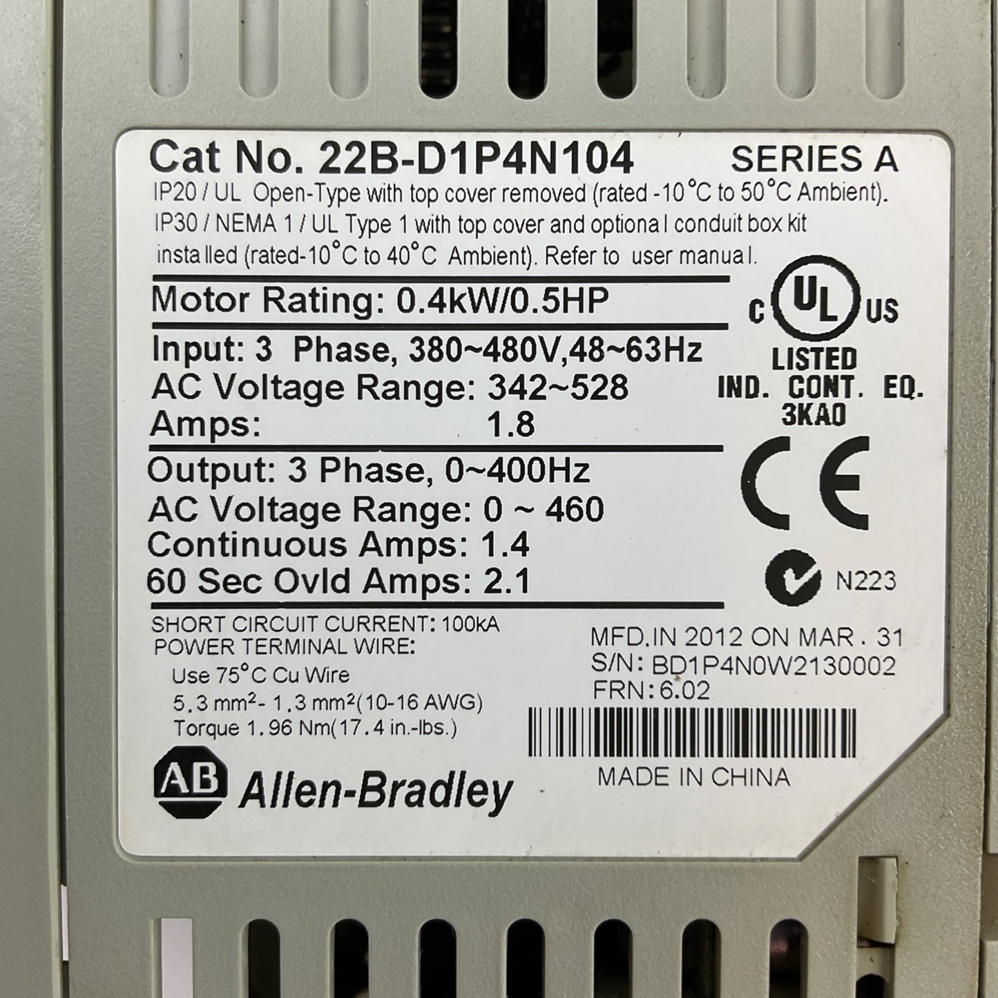 ALLEN BRADLEY 22B-D1P4N104 AC DRIVE SER A FRN 6.02 POWER FLEX 40 OUTPUT 0-460VAC