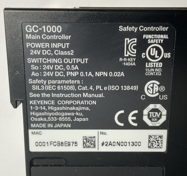 KEYENCE GC-1000 MAIN SAFETY CONTROLLER 24VDC