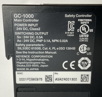 KEYENCE GC-1000 MAIN SAFETY CONTROLLER 24VDC