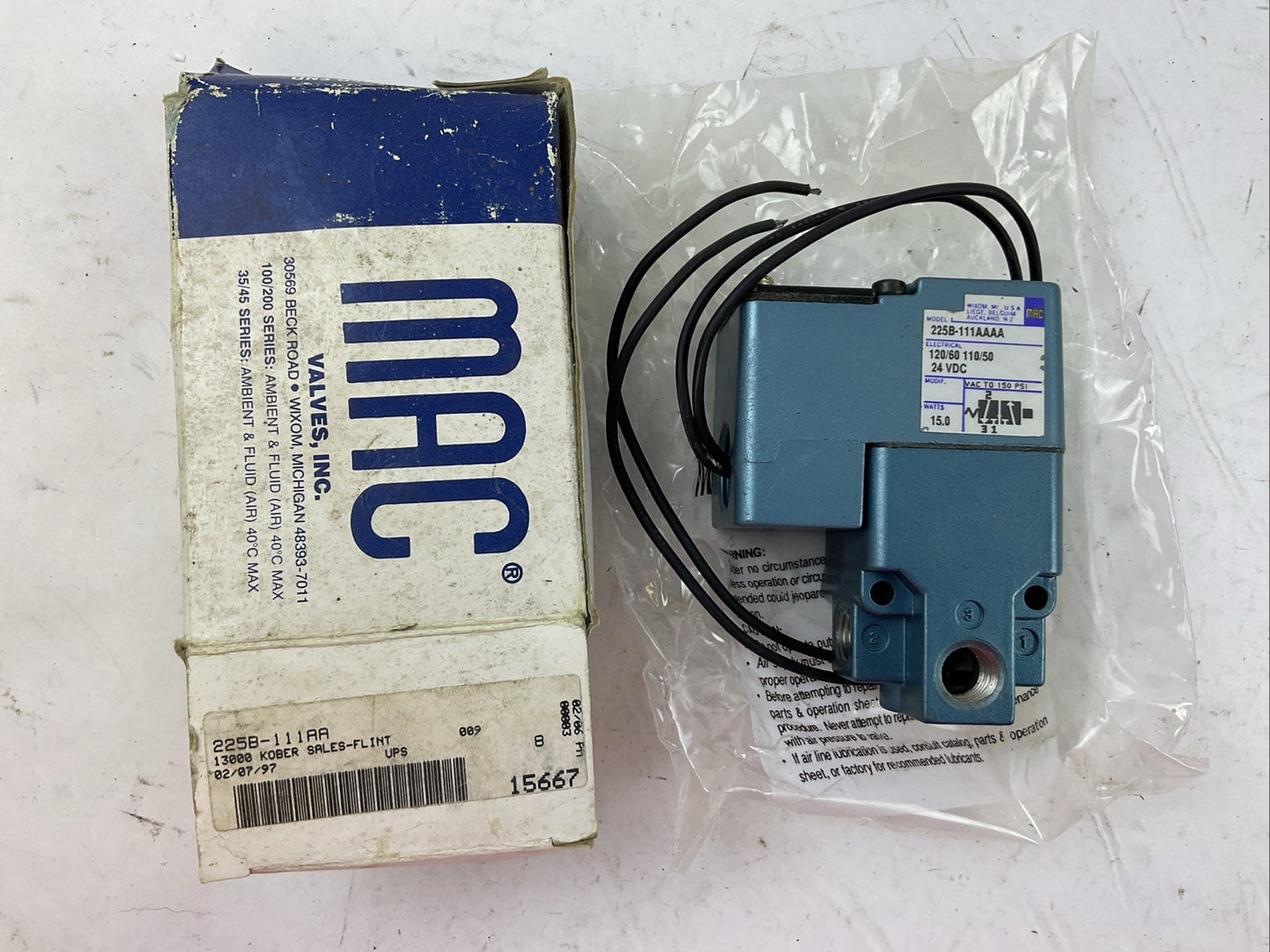 MAC 225A-111AA SOLENOID VALVE 120VAC 60HZ 110VAC 50HZ 24VDC 15.0WATTS 150PSI