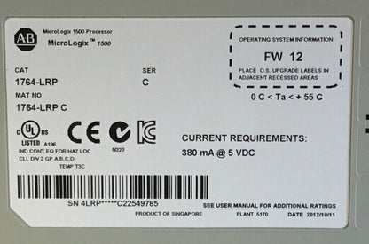 ALLEN BRADLEY 1764-LRP PROCESSOR SER.C FW12 5VDC MICROLOGIX 1500