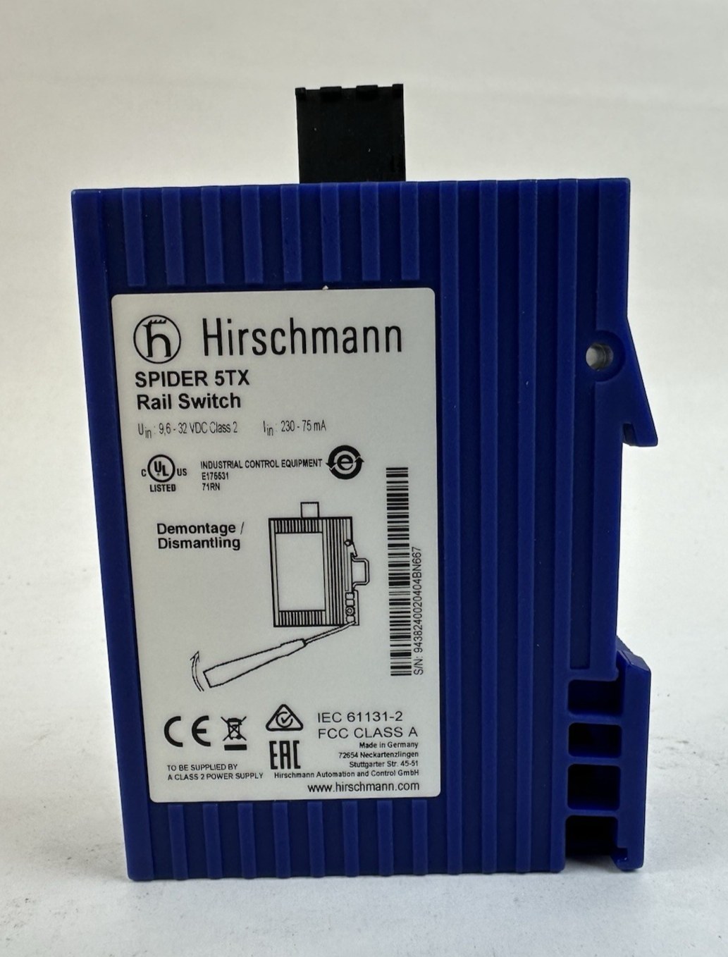 HIRSCHMANN SPIDER 5TX RAIL SWITCH 943824-002 INDUSTRIAL ETHERNET 5-PORT 24VDC