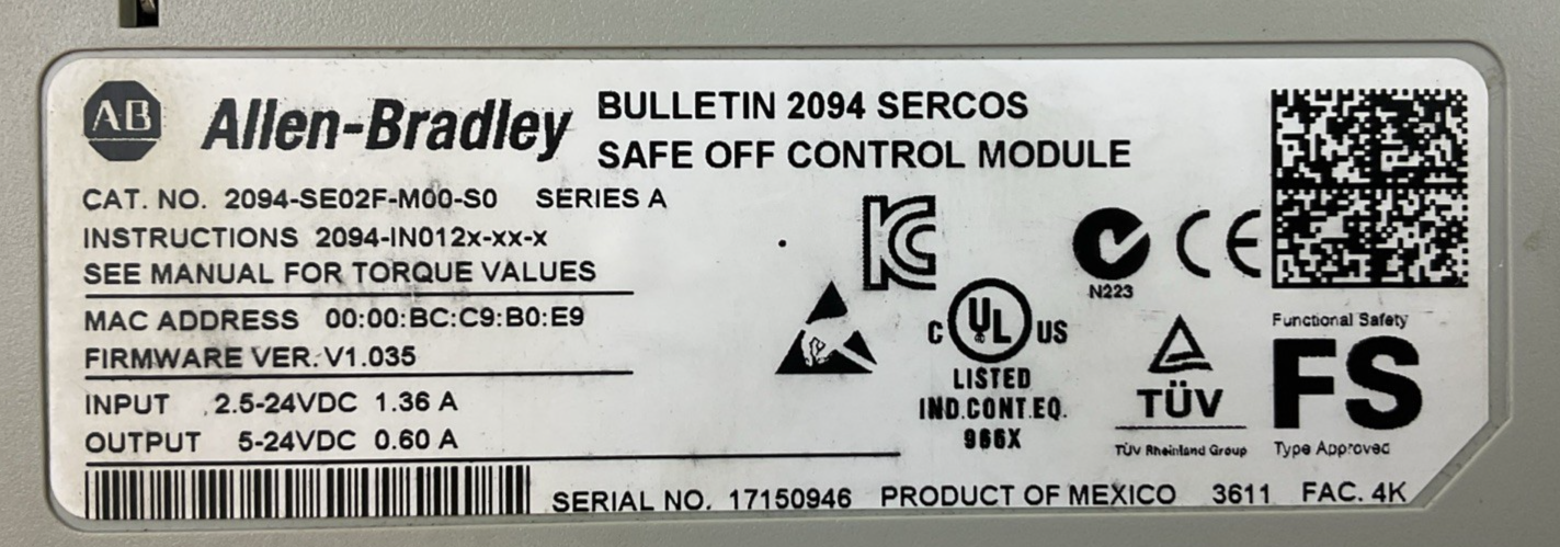 ALLEN BRADLEY 2094-BM01-M AXIS POWER 2094-SE02F-M00-S0 SAFE OFF FW VER V1.035